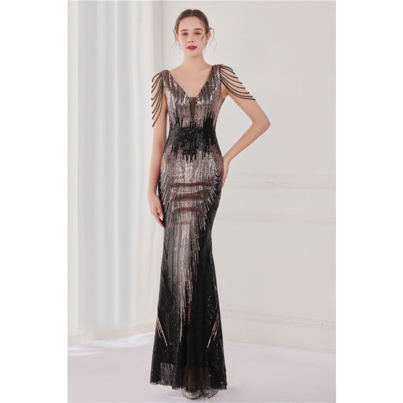Fashion Crystal Sequins Duo Tone Mermaid Evening Gown (Black Gold) (Made To Order)