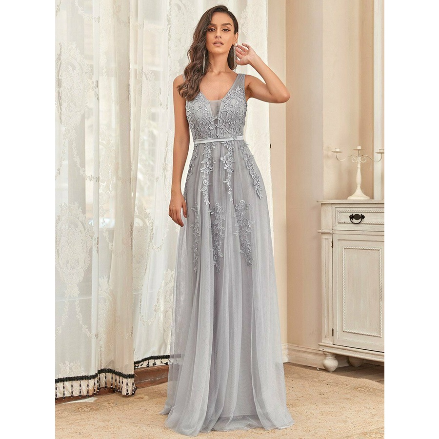 Floral Lace Illusion V-neck Long Maxi Evening Dresses (Grey) (Retail)