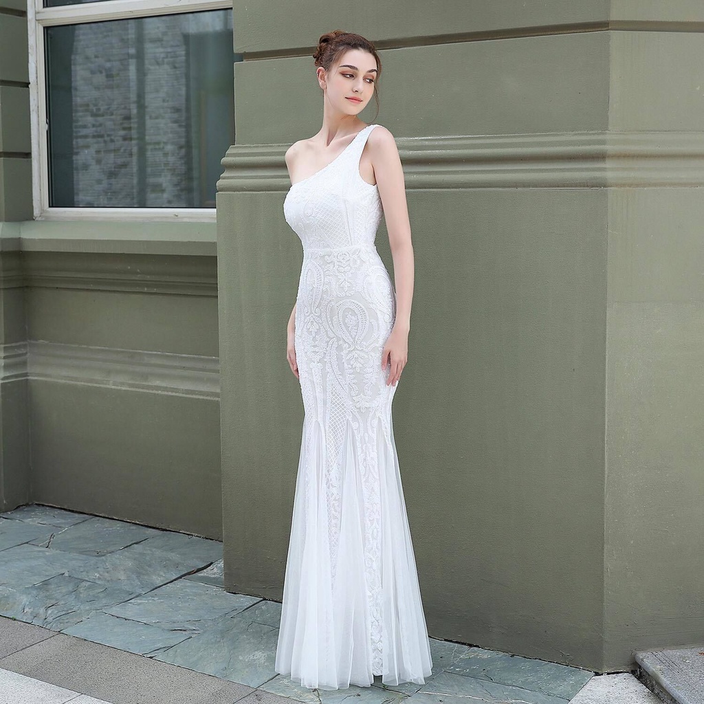 One Side Shoulder Sequins Mermaid Evening Gown (White) (Made To Order)
