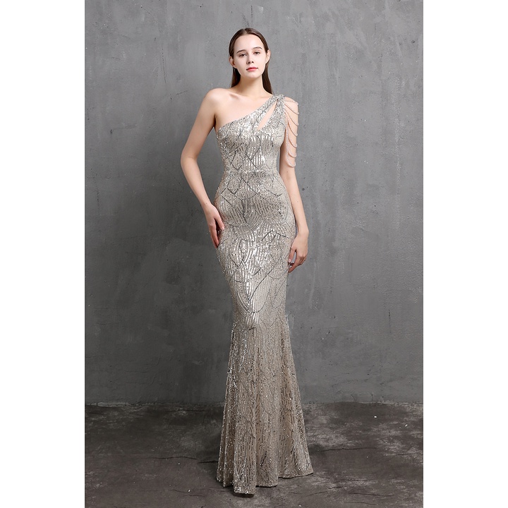 One Side Off Shoulder with Crystal Beads Sleeve Mermaid Evening Gown (Silver) (Made To Order)