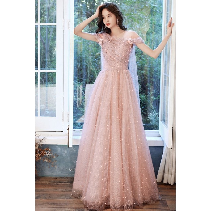 Illusion Off Shoulder Flowy Evening Gown (Made To Order)