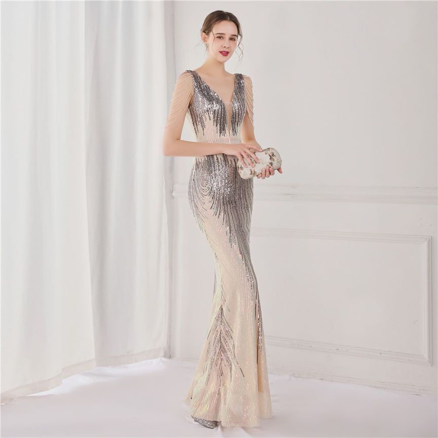 Fashion Crystal Sequins Duo Tone Mermaid Evening Gown (Silver Grey) (Made To Order)