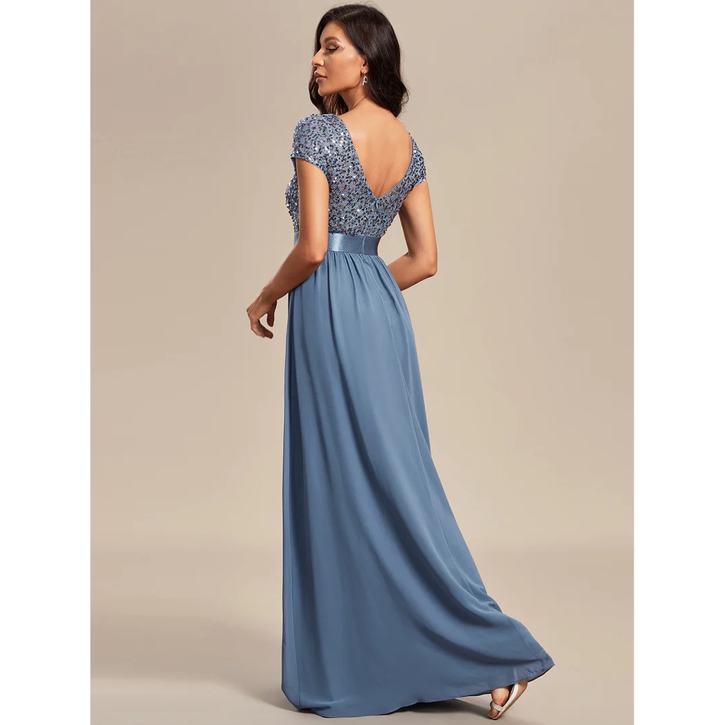 Short Sleeves Sequins A-Line Evening Gown (Dusty Navy) (Retail)