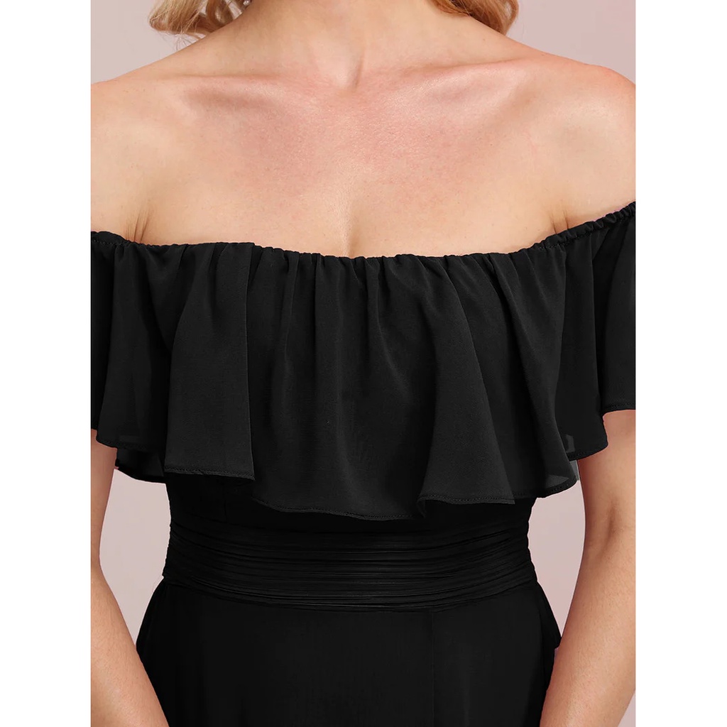 Off Shoulder Sleeveless Split Long Evening Dress (Black) (Retail)