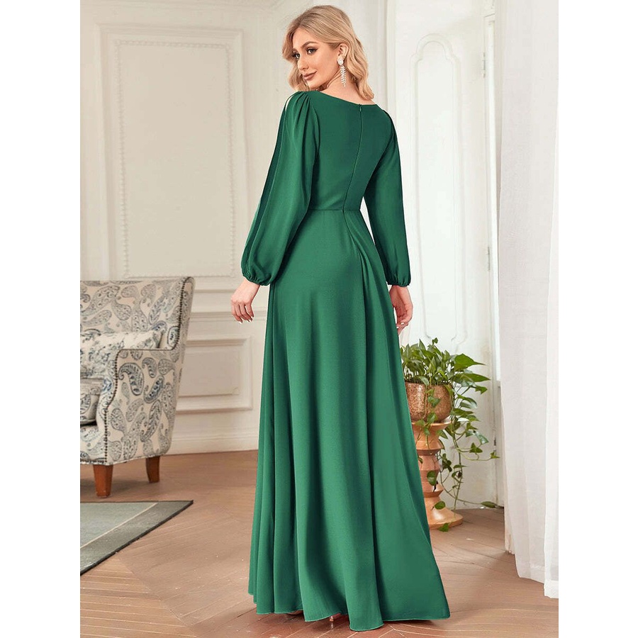 Long Lantern Sleeves V-Neck A-Line Evening Gowns (Green) (Retail)