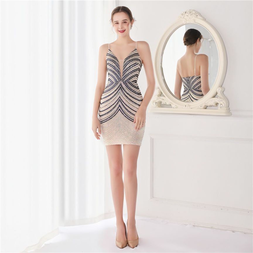 Spaghetti Strap Sequins Mini Dress (Silver Blue) (Made To Order)