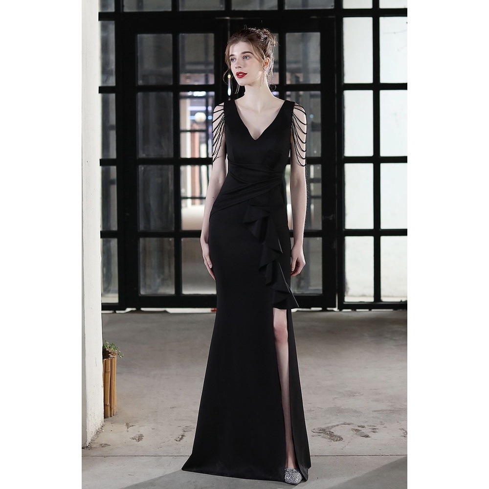 Beads Sleeve V-Neck Ruffles One Side Fitted Dinner Gown (Black) (Made To Order)