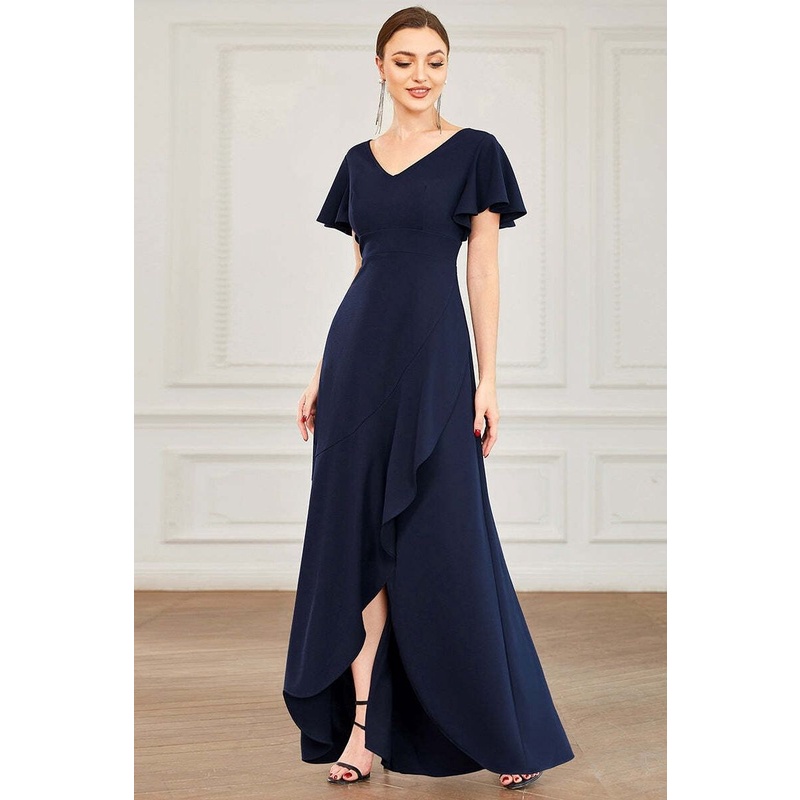 Deep V Neck Short Ruffles Sleeves Evening Dresses (Navy Blue) (Made To Order)