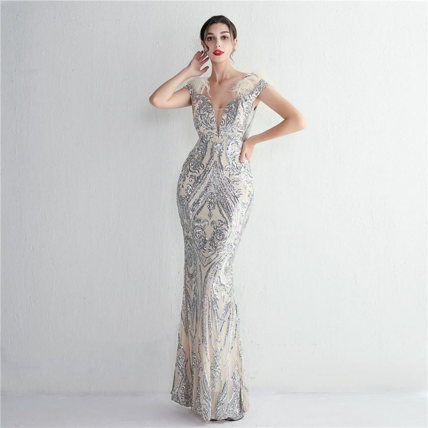 Elegant Off Shoulder Feather Mermaid Evening Gown (Silver) (Made To Order)