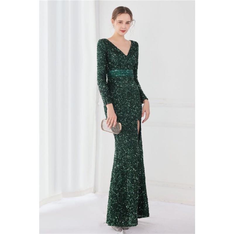 Elegant Long Sleeve Sequins Evening Gown (Green) (Made To Order)