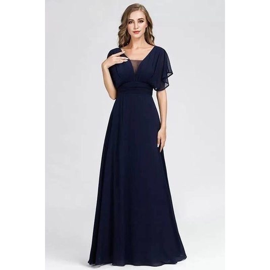 Flare Sleeve A-Line Dinner Dress (Navy Blue) (Made To Order)