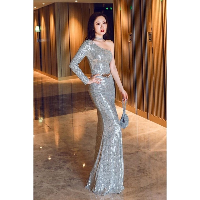 One Side Long Sleeve Sequins Mermaid Gown (Silver) (Made To Order)