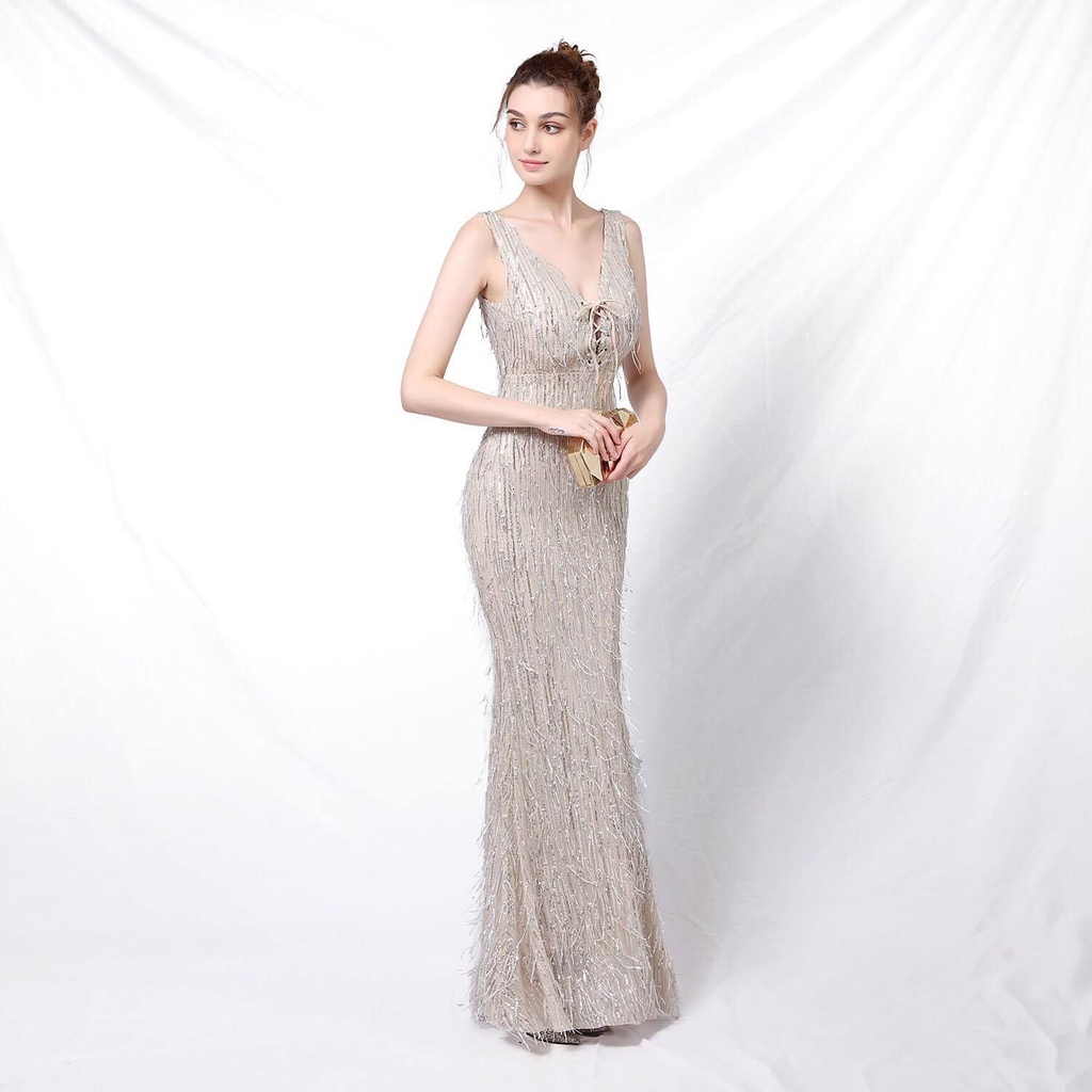V-Neck Sequins Pattern Evening Gown (Silver) (Made To Order)
