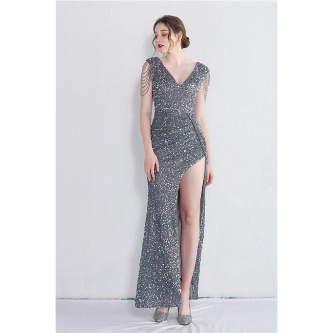 V-Neck Sequins Overlap High Slit Evening Gowns (Silver) (Made To Order)