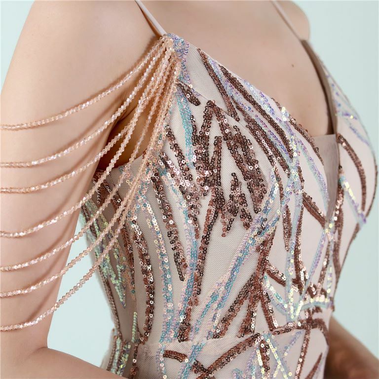 Spaghetti Pattern Sequins Mermaid Evening Gown (Rose Gold) (Made To Order)