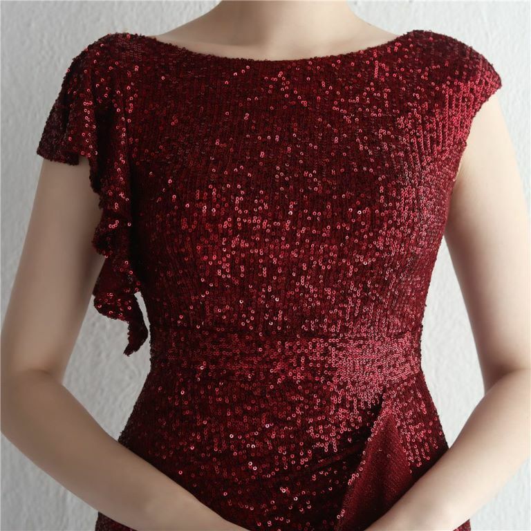 Cover Sleeve Sequins with Ruffles Slit Evening Gown (Maroon) (Made To Order)