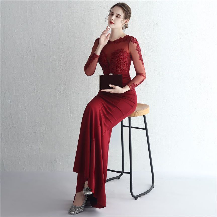 Elegant Long Sleeve Lace Mermaid Evening Gown (Maroon) (Retail)