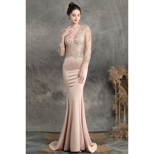 Long Sleeve Luxury Lace Fish Tail Mermaid Gown (Beige) (Made To Order)