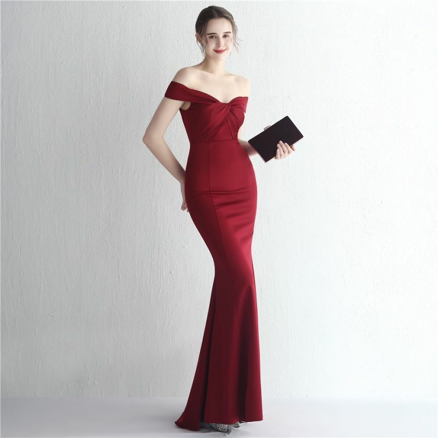 Off Shoulder Twist Slim Mermaid Long Evening Gown (Maroon) (Made To Order)