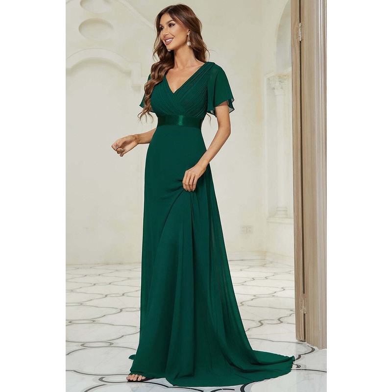 V-Neck Ruffles Sleeve Pleated Evening Dresses (Green) (Made To Order)