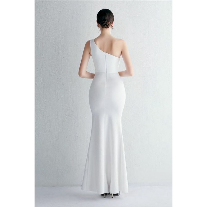 Elegant One Side Off Shoulder with High Slit Gowns (White) (Made To Order)