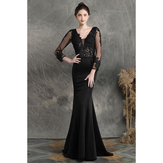 Long Sleeve Luxury Lace Fish Tail Mermaid Gown (Black) (Retail)