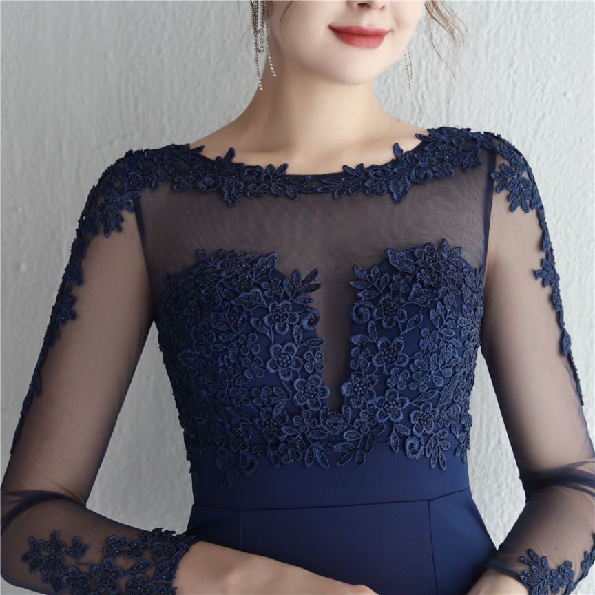 Elegant Long Sleeve Lace Mermaid Evening Gown (Navy Blue) (Made To Order)