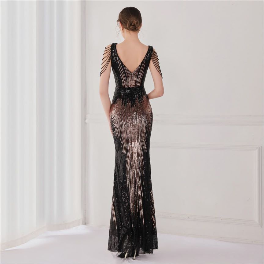 Fashion Crystal Sequins Duo Tone Mermaid Evening Gown (Black Gold) (Retail)