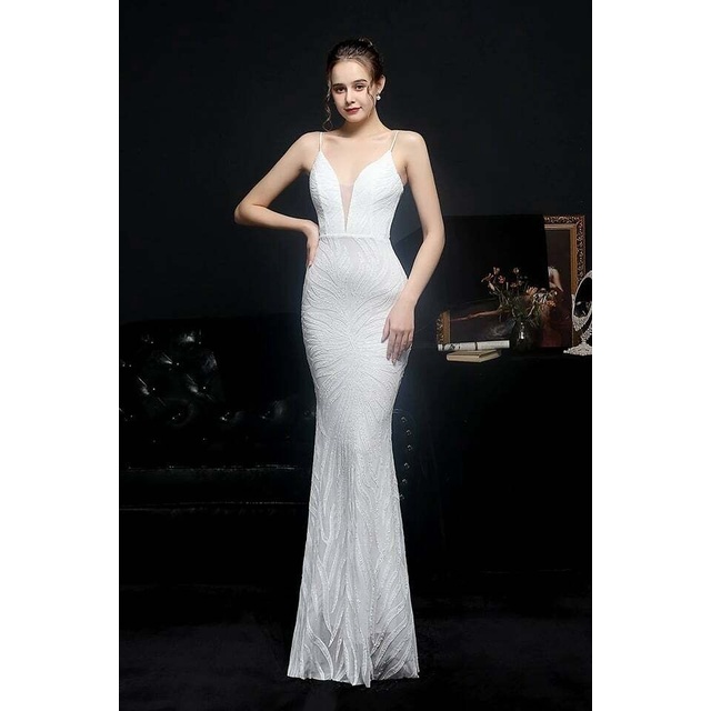 [ReadyStock] Spaghetti Sequins Pattern Mermaid Gown - White