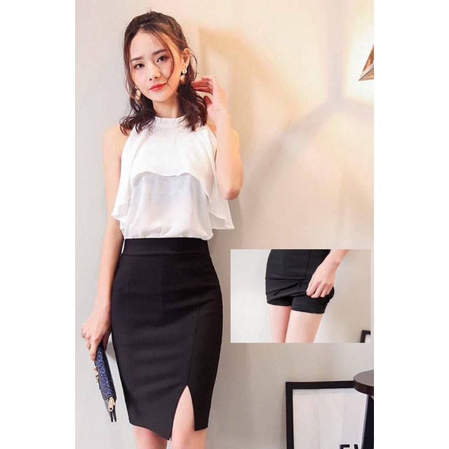 Stretchable OL FItted Pencil Black Skirt Pant (Retail)