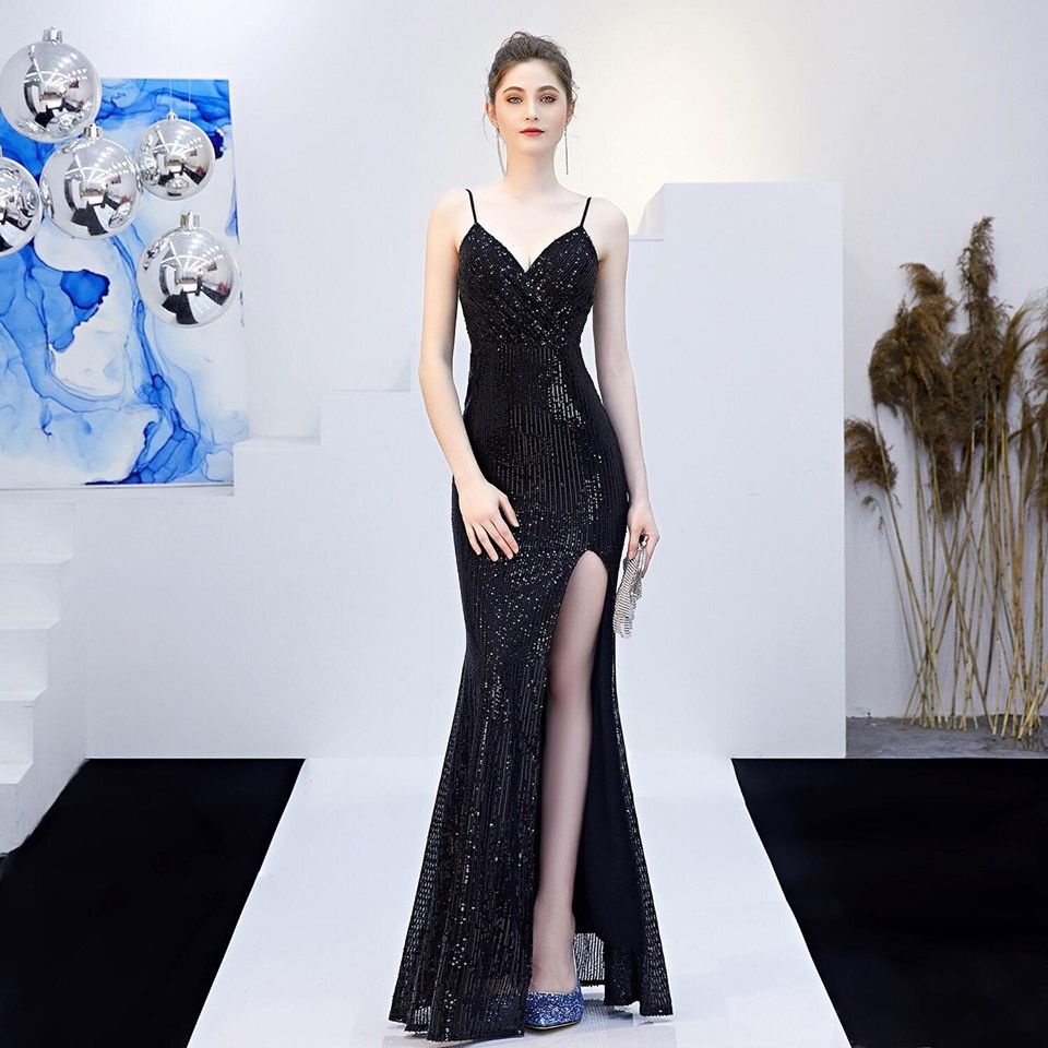 Sexy High Slit Long Evening Gown (Black) (Made To Order)