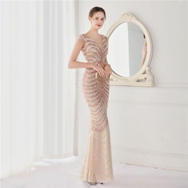 Illusion V-Neck Sequins with Beads Mermaid Evening Gown (Rose Gold) (Made To Order)