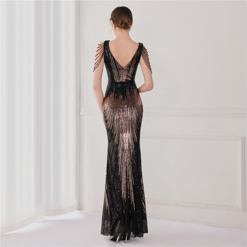 Fashion Crystal Sequins Duo Tone Mermaid Evening Gown (Black Gold) (Made To Order)