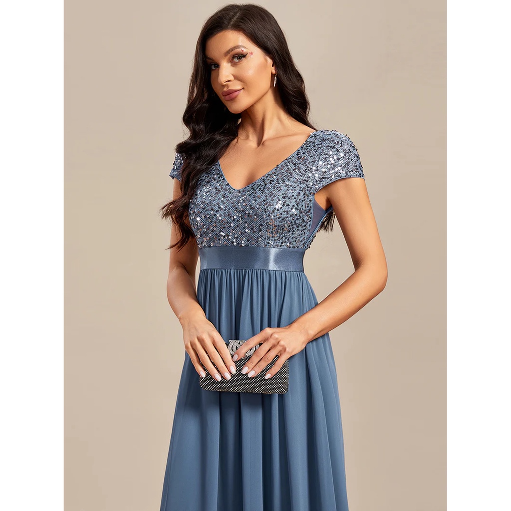 Short Sleeves Sequins A-Line Evening Gown (Dusty Navy) (Retail)