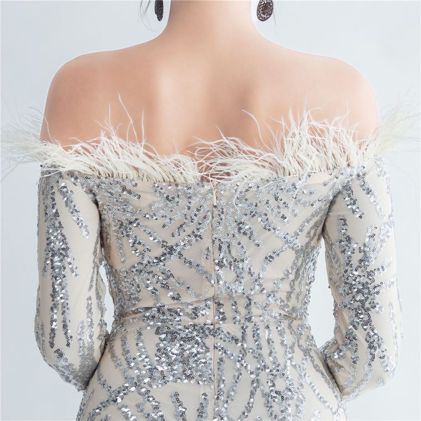 Off Shoulder Feather Sequins with High Slit Gown (Silver) (Made To Order)