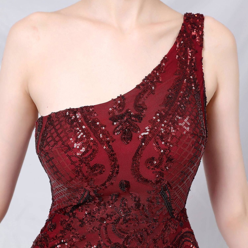 One Side Shoulder Sequins Mermaid Evening Gown (Burgundy) (Made To Order)