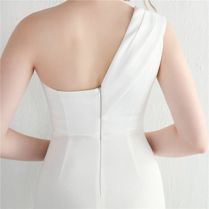 One Side Off Shoulder with High Slit Evening Dress (White) (Made To Order)