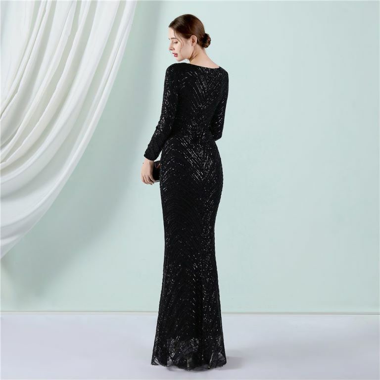 Long Sleeve Sequins Mermaid Evening Gown (Black) (Made To Order)