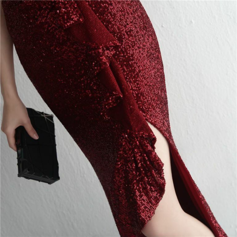 Cover Sleeve Sequins with Ruffles Slit Evening Gown (Maroon) (Made To Order)