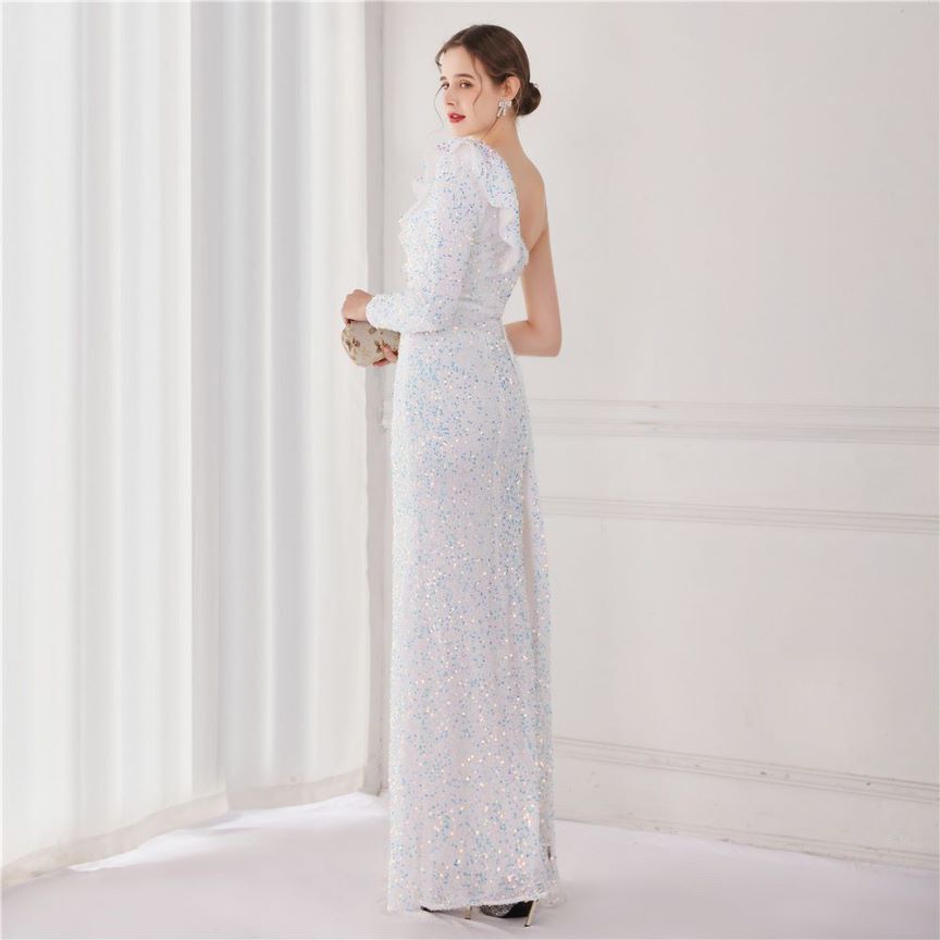 Ruffles One Side Long Sleeve  Sequins Evening Gown (White) (Made To Order)