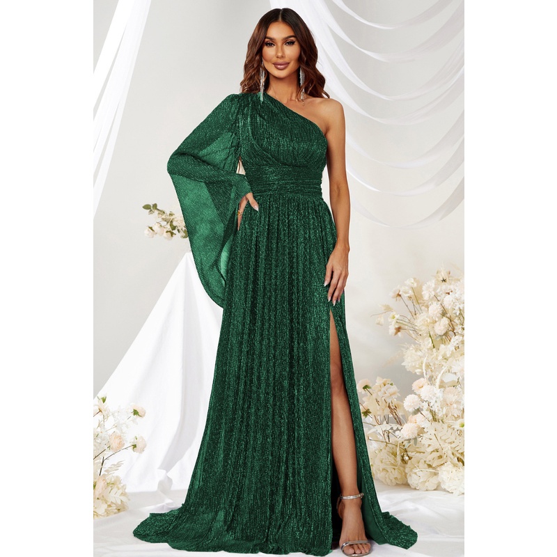 One Side Off Shoulder Pleated Evening Gown (Made To Order)