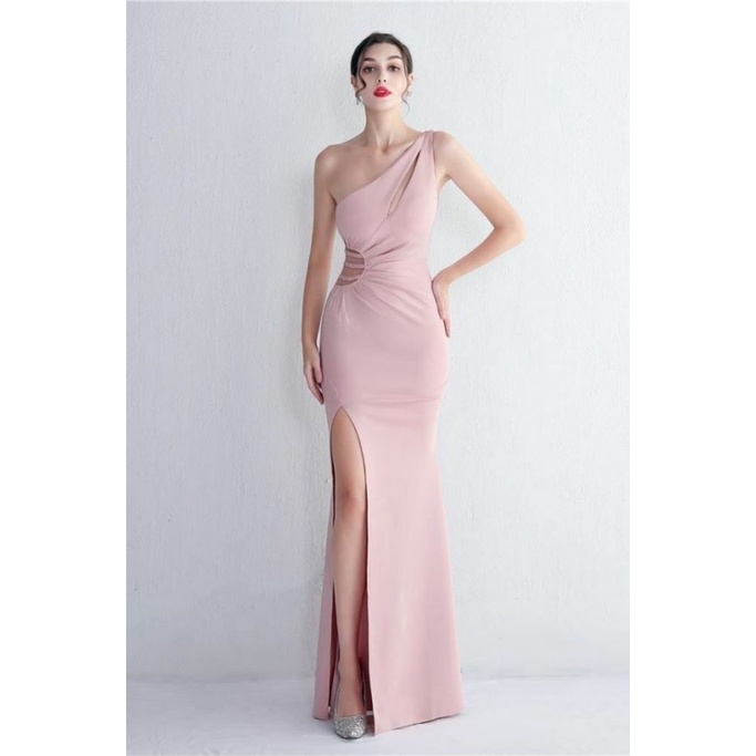 Elegant One Side Off Shoulder with High Slit Gowns (Light Pink) (Retail)