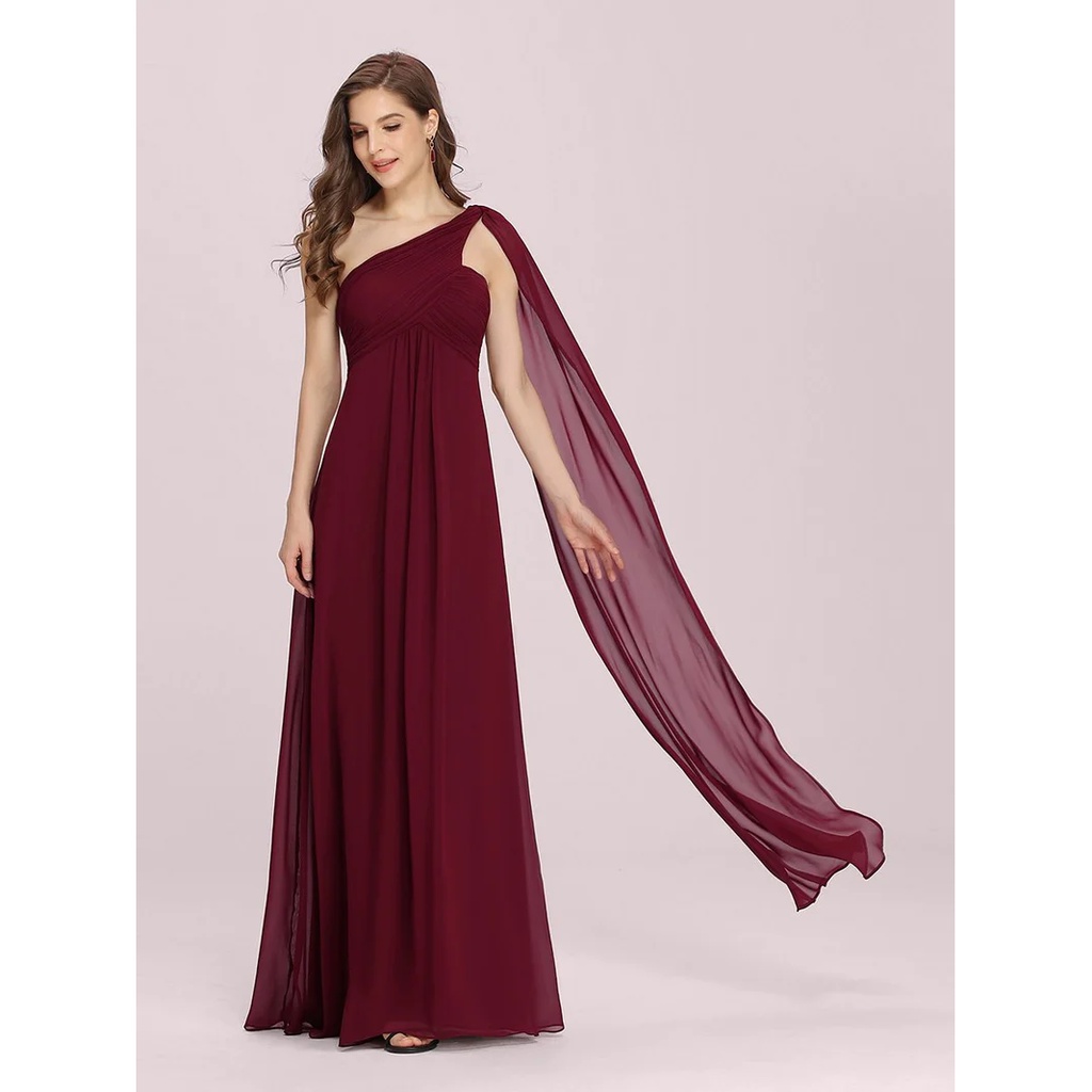 One Shoulder Pleated Chiffon Long Evening Gown (Maroon) (Retail)