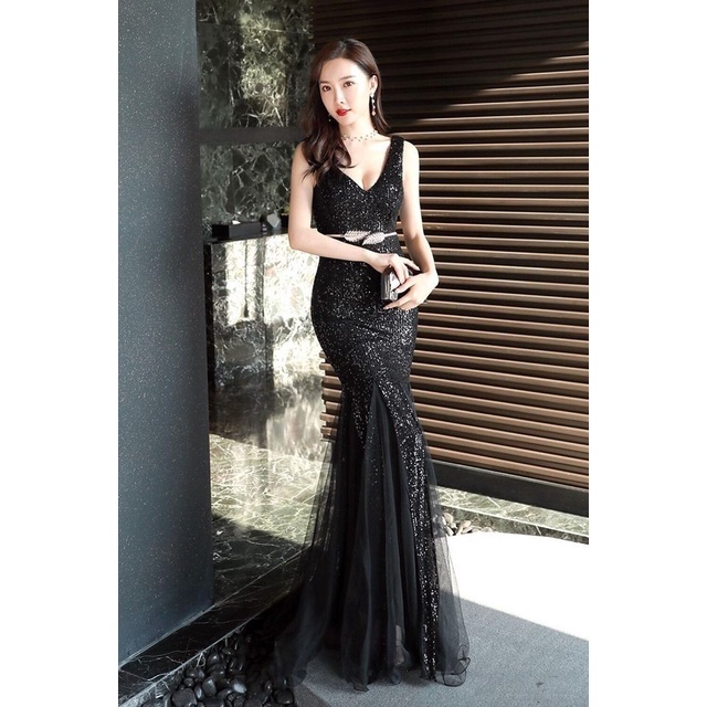 Elegant V-Neck Sequins Mermaid Gown (Black) (Made To Order)