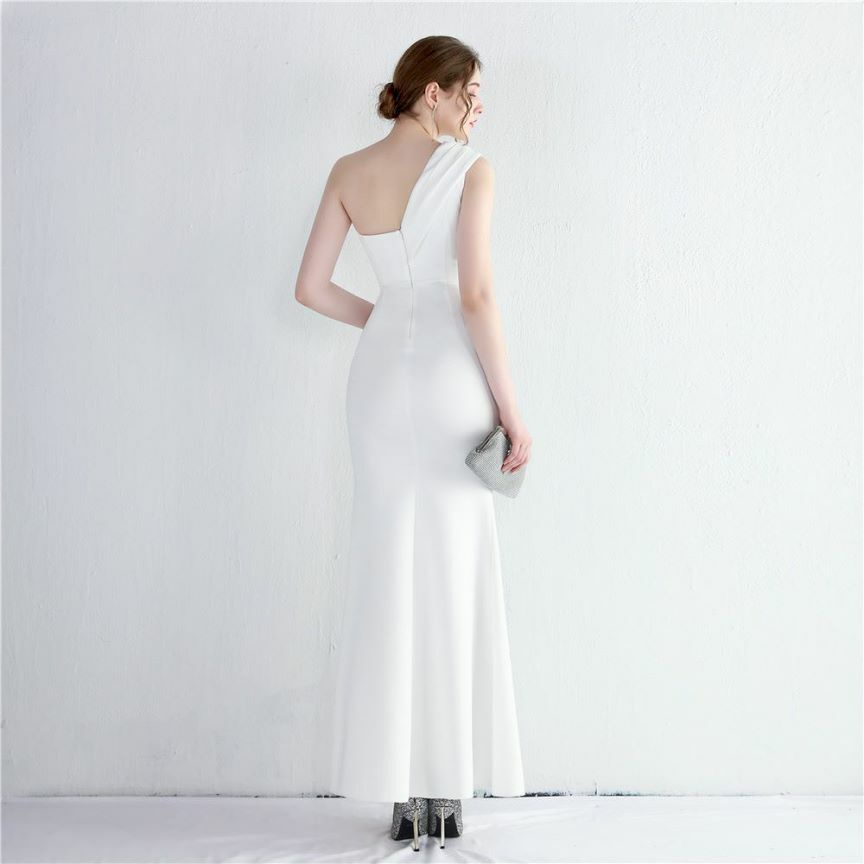 One Side Off Shoulder with High Slit Evening Dress (White) (Made To Order)