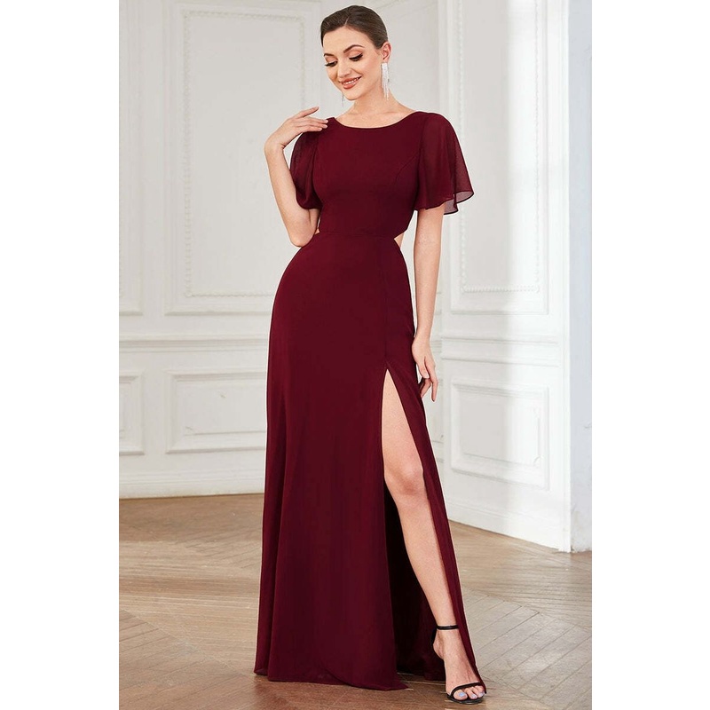 Round Neck A Line Ruffles Sleeves Evening Dress (Made To Order)