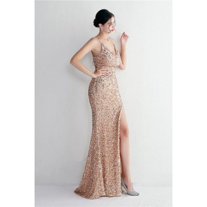 Gorgeous Open Back Spaghetti Evening Gown (Gold) (Made To Order)