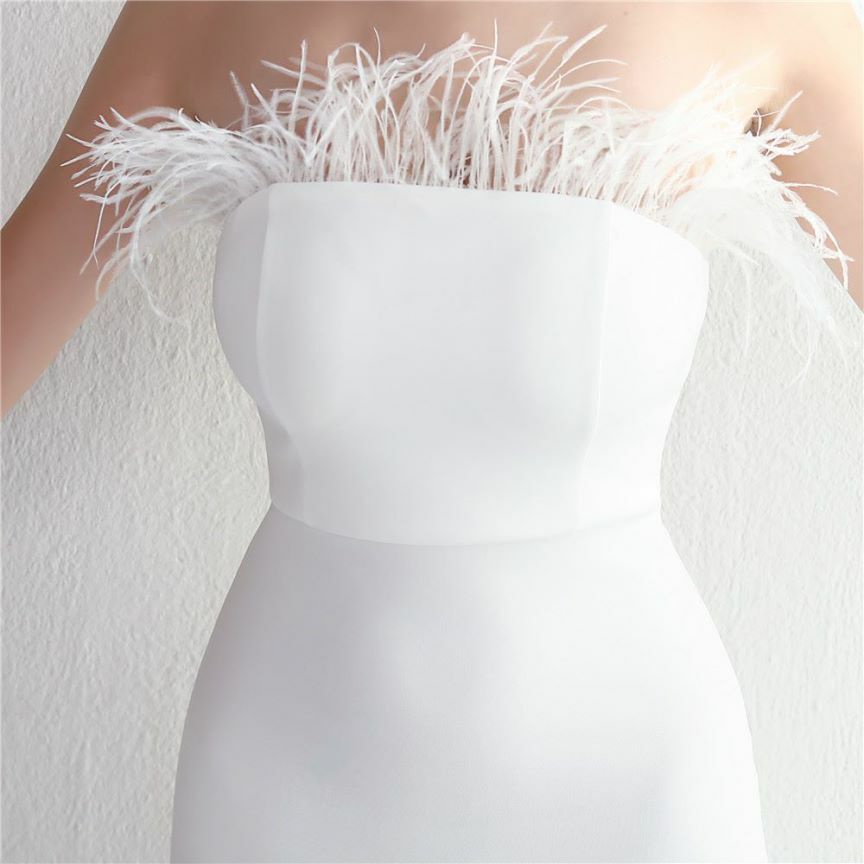 Strapless Feather Bodycon Evening Gown (White) (Made To Order)