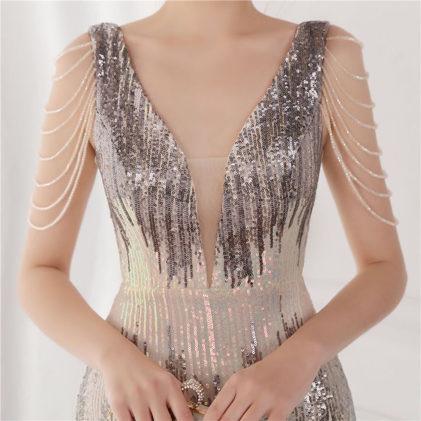 Fashion Crystal Sequins Duo Tone Mermaid Evening Gown (Silver Grey) (Made To Order)