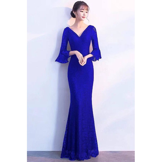 [ReadyStock] Elegant Bell Sleeve Backless Bodycon Dress - Blue